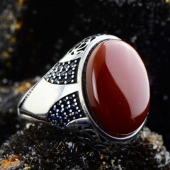 Agate Stone Rings - Agate Stone Seljuk Motif Sterling Silver Ring 100348178 - Turkey