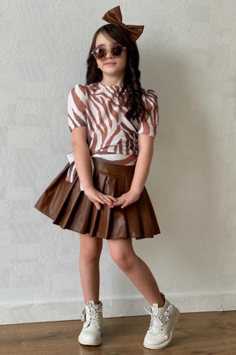 Girls' Zebra Patterned Chiffon Blouse and Crown Brown Leather Skirt Suit 100327348