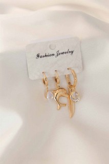 Jewelry & Watches - Dolphin Figured Zircon Stone and Leaf Figured Gold Color Women's Earrings 100327599 - Turkey