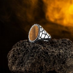 Stone Patterned Plain Oval Tiger Eye Stone Silver Ring 100346450