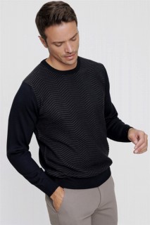 Men's Navy Blue Cycling Crew Neck Dynamic Fit Comfortable Cut Line Pattern Knitwear Sweater 100345116