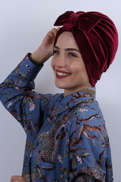 Woman Bonnet & Turban - Velvet Bow Bone Claret Red 100283031 - Turkey