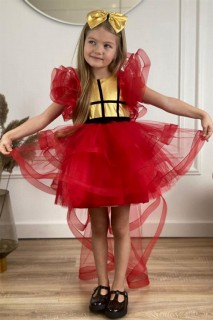 Girl Clothing - Children's Velvet Striped and Tailed Fluffy Red Evening Dress 100327910 - Turkey