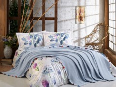 Bedding - Lace Violet Double Pique Set With Pompom Blue 100332210 - Turkey