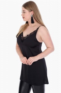Plus Size Collar Lace Detailed Strap Satin Evening Blouse Black 100276180