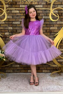 Evening Dress - Girls' Sleeves Ruffled Skirt Fluffy Tulle Pulpeau Lilac Evening Dress 100328397 - Turkey
