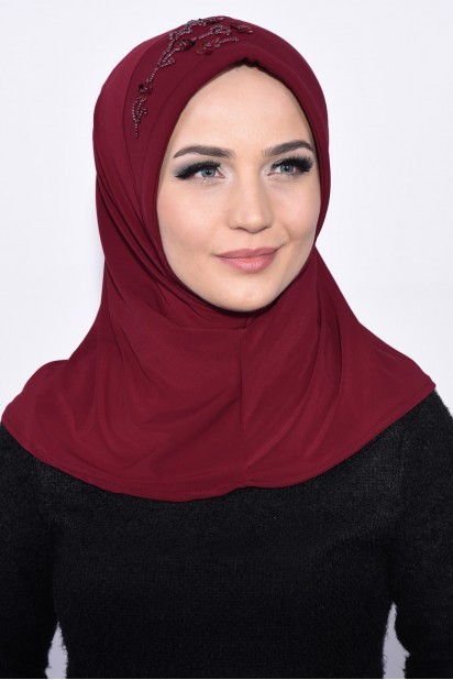 Ready to wear Hijab-Shawl - حجاب عملي مطرز بالترتر أحمر - Turkey