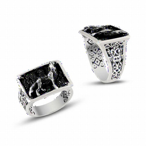 Animal Rings - Black Wolf Patterned Motif Sterling Silver Men's Ring 100348845 - Turkey