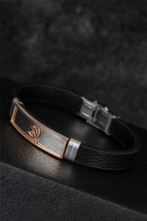 Men - Rose Color Sickle Figured Metal Accessory Black Color Leather Men's Bracelet 100342405 - Turkey