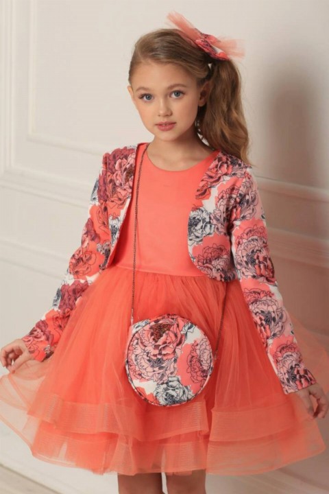 Girls Flower Bolero Fluffy Tulle Bag Pomegranate Flower Evening Dress 100327150