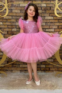Evening Dress - Girls' Sleeves Ruffled Skirt Fluffy Tulle Pulpayet Pink Evening Dress 100328403 - Turkey