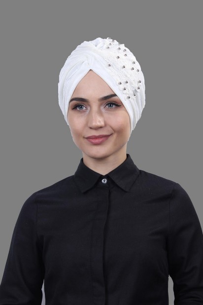 Evening Model - Velvet Guipure Vera Bonnet White 100283059 - Turkey