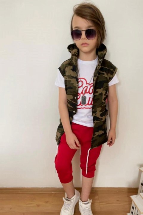 Boy's Back Chain Detail Front Snap Button and Hooded Camouflage-Red Tracksuit Suit 100327286