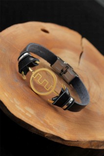 Men - Gold Color Metal Labyrinth Design Black Color Leather Men's Bracelet 100318800 - Turkey