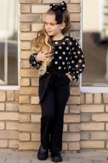 Girl Clothing - أفرول أسود بولكا منقط بأكمام طويلة وحزام شفاف للبنات 100328455 - Turkey