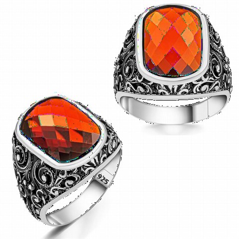 Zircon Stone Rings - Pen Embroidered Red Zircon Stone Sterling Silver Ring 100350238 - Turkey