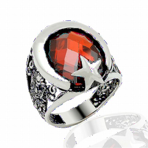 Zircon Stone Moon and Star Patterned Ottoman Tugra Motif Sterling Silver Men's Ring 100349077