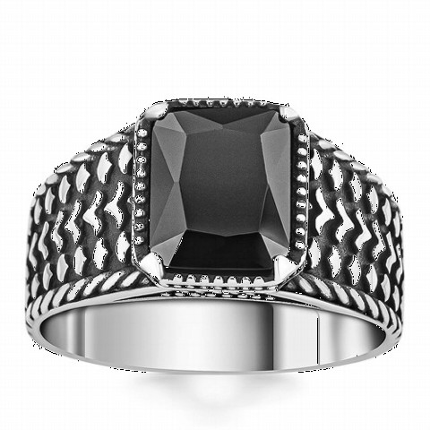 Rope Patterned Black Zircon Stone Silver Ring 100350383