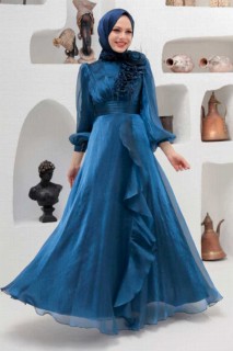 Woman Clothing - Navy Blue Hijab Evening Dress 100339983 - Turkey