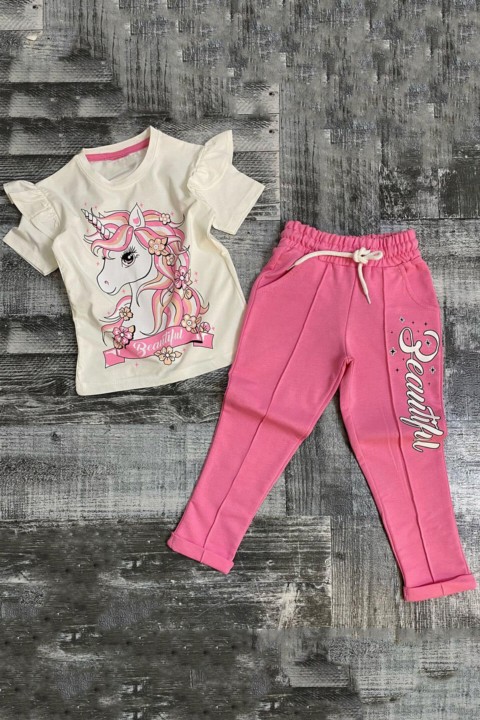 Tracksuits, Sweatshirts - بدلة رياضية للبنات باللون الوردي الفاتح مطبوعة بتصميم وحيد القرن مزخرفة بكتف 100327722 - Turkey