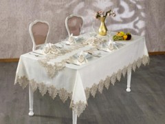 Table Cover Set - French Guipure Sultanate Table Cloth Set Ecru Copper 26 Pieces 100344802 - Turkey
