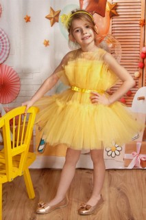 Evening Dress - Robe de soirée en tulle jaune détaillée avec nœud à la taille transparente pour filles 100327890 - Turkey