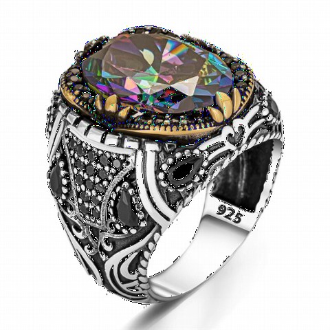mix - Mystic Topaz Stone Drop Stone Embroidered Silver Ring 100349826 - Turkey