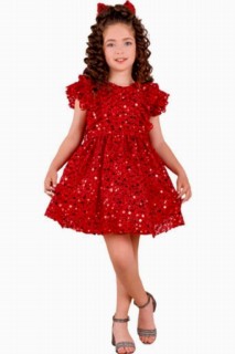 Evening Dress - Girl's Sleeves Frilly Lace Embroidered Sequin Detailed Red Evening Dress 100328732 - Turkey