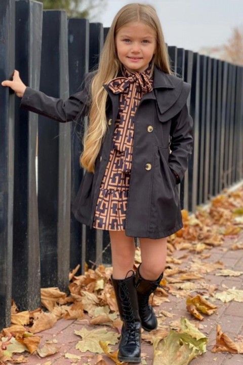 Coat, Trench Coat - Girl Kids Layered Collar Black Trench Coat Geometric Patterned Dress 100327222 - Turkey