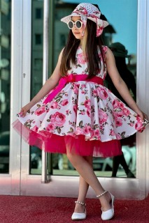 Girl Clothing - Girl Rose Printed Waist Belted Fluffy Tulle Pink Dress 100328500 - Turkey