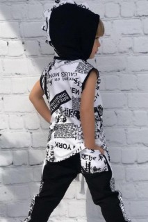 Boy's Black-White Tracksuit with Hooded New York Print and Kangaroo Pocket 100327519