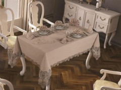 Rectangle Table Cover - French Guipure Jasmine Velvet Single Table Cloth Cappucino 100330320 - Turkey