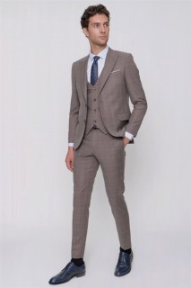 Outdoor - Men's Brown Vest Plaid Slim Fit Slim Fit Trousers Drawstring 6 Drop Suit 100350805 - Turkey