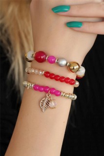 Woman - Red Pink Beaded Women's Bracelet 100318784 - Turkey