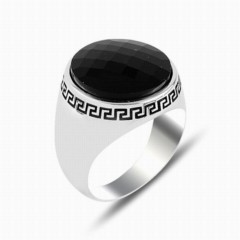 Zircon Stone Rings - Black Cut Stone Castle Motif Sterling Silver Ring 100347808 - Turkey