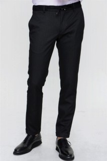 Men Clothing - بنطلون رجالي أسود مخطط بساق مزدوجة نحيفة بجيب جانبي الخصر مرن ومربوط بالقماش 100351292 - Turkey