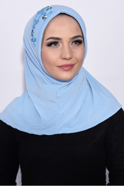 Evening Model - حجاب عملي مزين بالترتر أزرق فاتح - Turkey