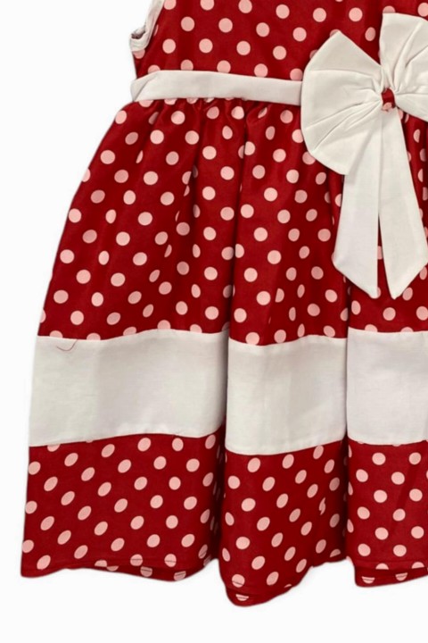 Girl's Stripe Detailed and Waist Bow Polka Dot Red Strap Dress 100327246