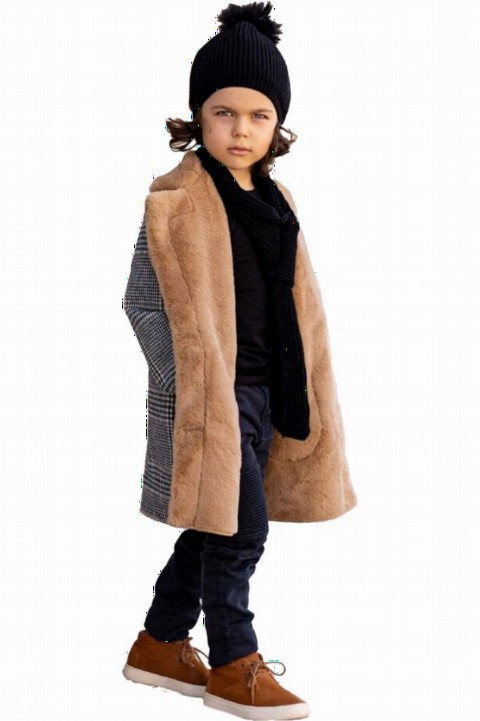 Boys Pompom Beret Brown Fur Coat 100326960