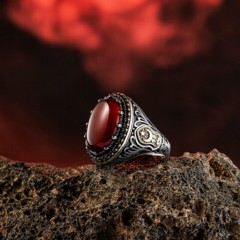 Agate Stone Sterling Silver Men's Ring Embroidered with Moon and Star 100346531