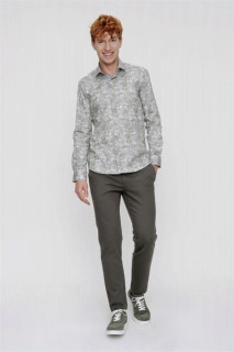 Men's Green Cotton Slim Fit Slim Fit Printed Italian Collar Long Sleeve Shirt 100350648