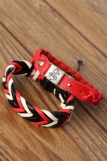 Men - Bracelet pour homme en cuir de couleur rouge noir combiné 100318428 - Turkey
