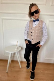 Boy Clothing - Boy Checked Plaid Pocket Bowtie Beige Bottom Top Suit 100328324 - Turkey