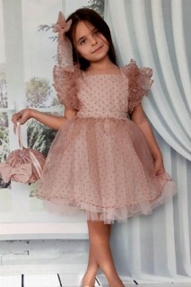 Girls - Girl's Sleeves Frilly Skirt Fluffy Tulle and Glitter Embroidered Bag Powder Evening Dress 100327363 - Turkey
