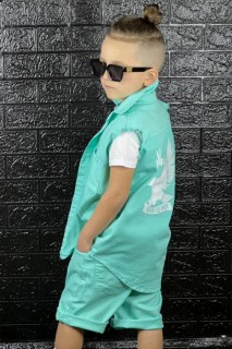 Boys' Sleeves Slit Detailed and Printed on Back Mint Green Shorts Suit 100328226