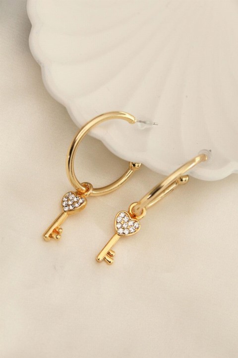 Earrings - Gold Color Zircon Stone Heart Lock Figured Hoop Earrings 100326569 - Turkey