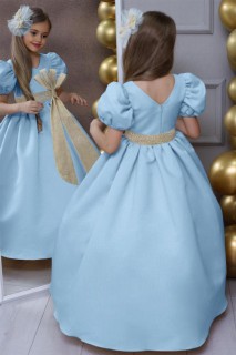 Girl's Waist Glittery Stripe Detailed Watermelon Sleeve Blue Evening Dress 100327733