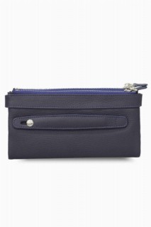 Navy Blue Double Zippered Leather Women's Wallet with Phone Compartment 100346220