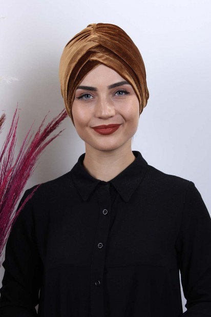 Woman Bonnet & Turban - Velvet 3-Striped Bonnet Bronze 100283001 - Turkey