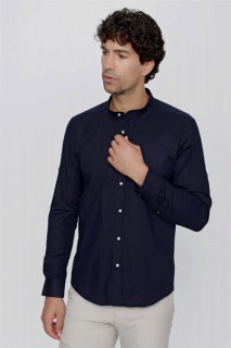 Men's Navy Blue Gabardine Lycra Classic Collar Slim Fit Slim Fit Slim Fit Shirt with Folded Sleeves 100351059